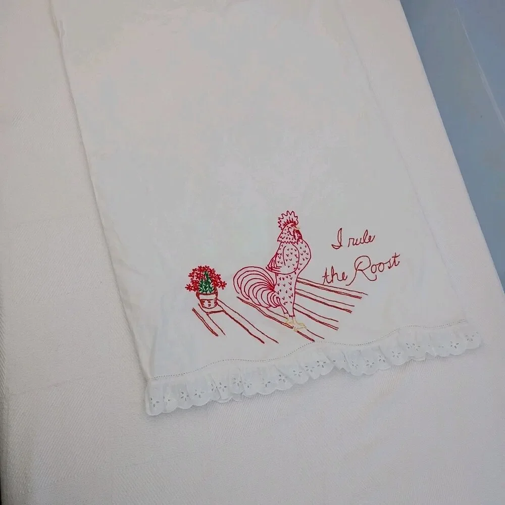 VTG Hand Embroidered Rooster Pillowcase White Eyelet Trim 20x30 Queen Cottage